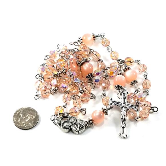 Handmade Pink Five Decade Rosary, Stainless Steel Wire, Vintage Moonglow Beads - Picture 4 of 10